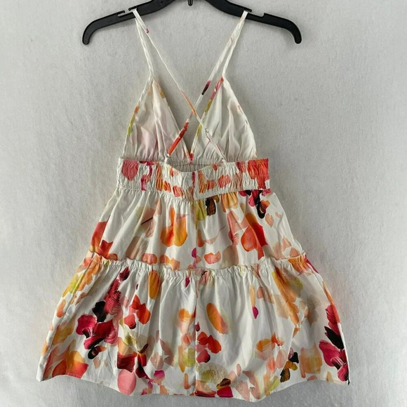 Double Crazy Mini Dress S White Pink Floral Sweetheart Cross Back Strap Tiered - Picture 3 of 10